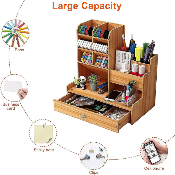 Träskrivbordsorganisatör Gör-det-själv Desktop Tidy Pennhållare Stor kapacitet pappersvaruförvaringslåda med låda för hem, kontor och skola (b