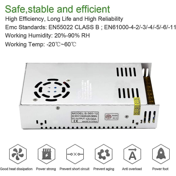 12V 30A DC Universal Reglerad Växlande Strömförsörjning 360W