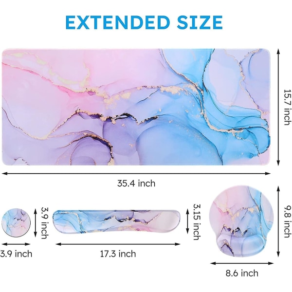 Skrivebordsmatte, spillmusematte håndleddsstøttesett, 4-i-1 XXL stor musematte + tastaturhåndleddsstøtte + musehåndleddsstøtte + koppestøttesett med ergonomisk