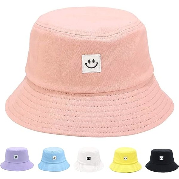 Solhatt for barn med smilende ansikt, bøttehatt for jenter og gutter, sommer solbeskyttelse bomull unisex strandlue