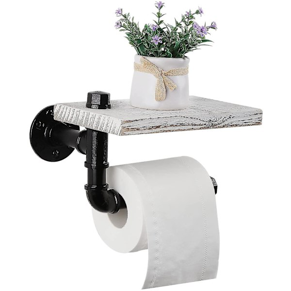 Seinälle kiinnitettävä wc-paperiteline puuhyllyllä, teollisuustyyli, rautaputki, vintage