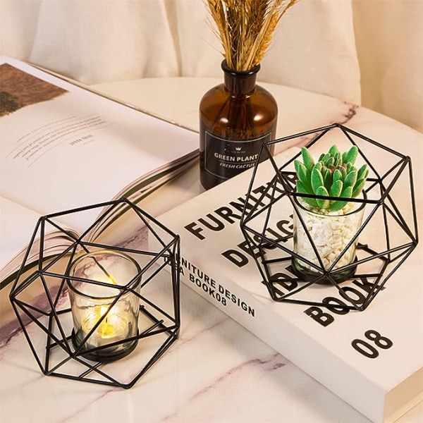 2 kpl mustia geometrisia kynttiläkynttilänjalkoja lasisilla Votive-kupeilla, hääjuhlan sisustus pöydän keskiosaan, metallisia rautalankaa teevalokynttilöitä