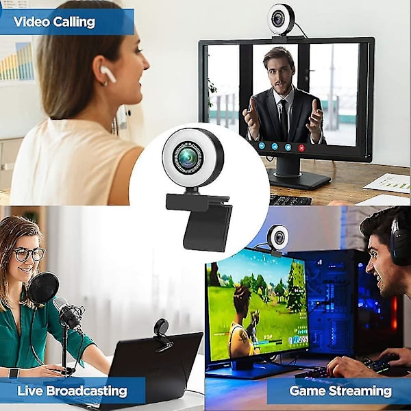 360 roterande 4k HD-webbkamera med mikrofon, kontakt LED-försköningsringljus, autofokus webbkamera
