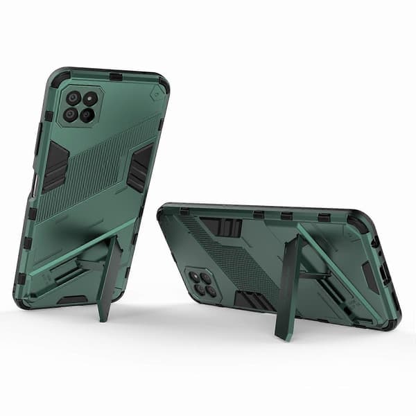 Vikbart stödställ PC + TPU Hybrid Telefonfodral Baksida för Samsung Galaxy A22 5G (EU-version) - Grå Green