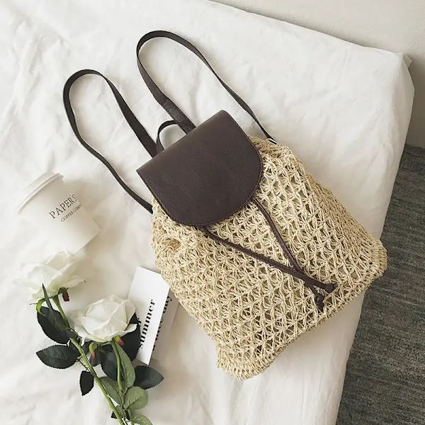 Kvinnors dragsko ryggsäck mode halm väska stor kapacitet resväska axelväska sommar strandväska beige