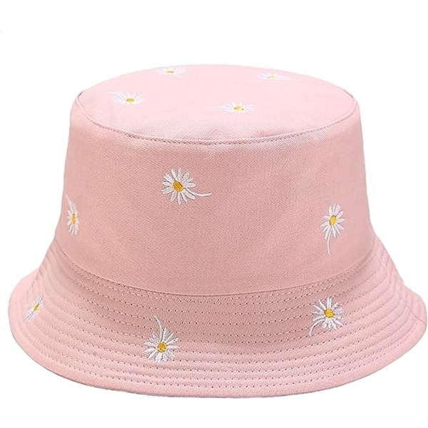 Reversibel bøttehatt med blomsterbroderi, sett på TV, sommerreise, strand, solhatt for kvinner og menn
