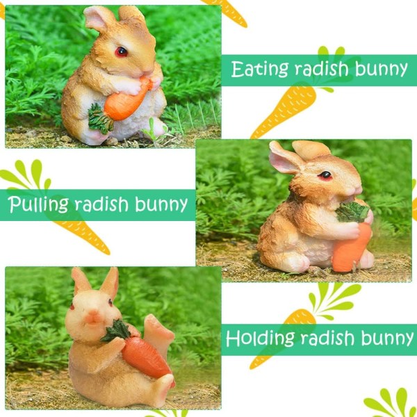 3 stk kanin ornament mini harpiks kanin figur miniatyr kanin mini kanin figurer kaniner holder gulrøtter harpiks kanin statue M