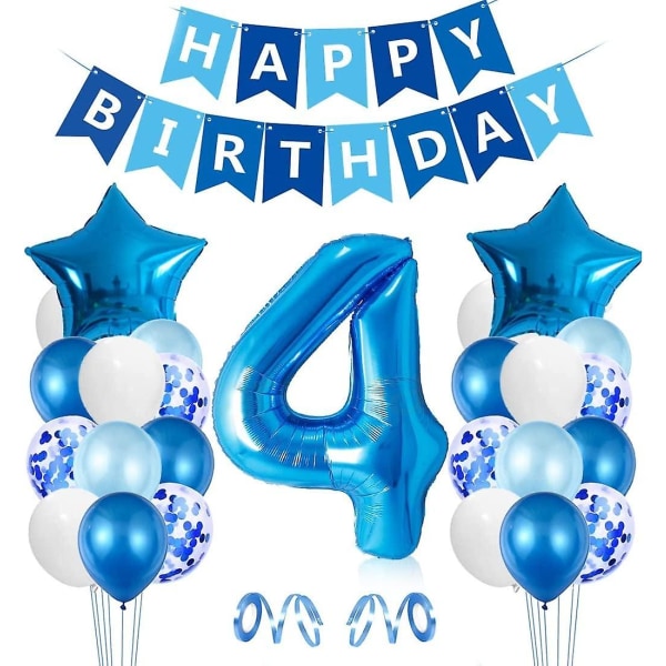 4-årsdag Ballong för Pojke, Blå 4-årsdag Dekorationer, Nummer 4 Ballonger, Latex