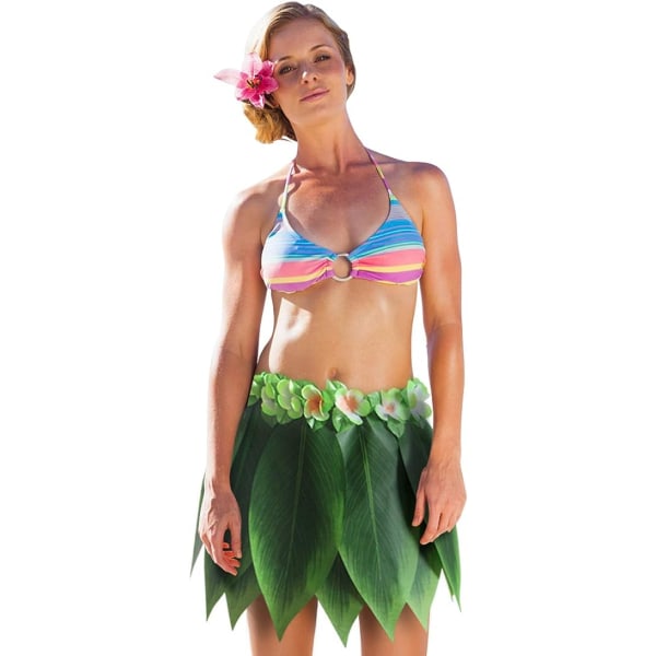 Hula-skjørt, hawaiisk fest, grønne blader, blomsterhalskjeder, armbånd, pannebånd, elastisk danser