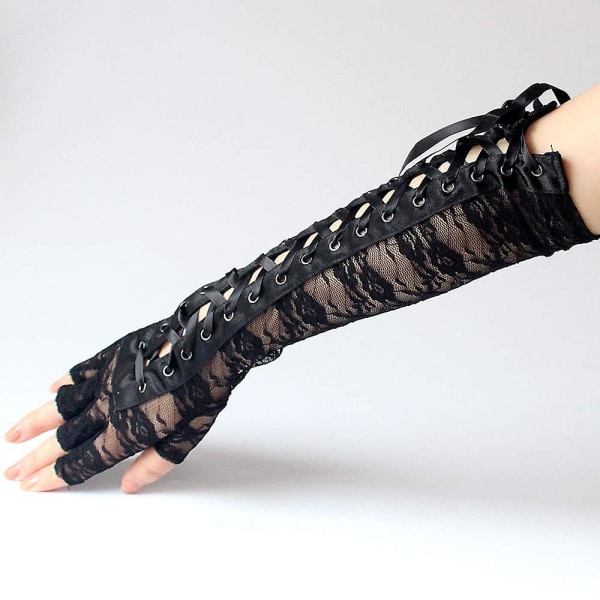 2023 - Dambandage långa handskar, sexiga svarta spets långa fingerlösa handskar, korsbandage