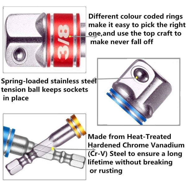 3 stk. 1/4\" 3/8\" 1/2\" Hex Sokkel Adapter Bor Bits Sæt, Impact Grade Sokkel Nøgle Adapter Forlængelsessæt, 105° Retvinklet Bor Bits Adapter Tilbehør 1/4