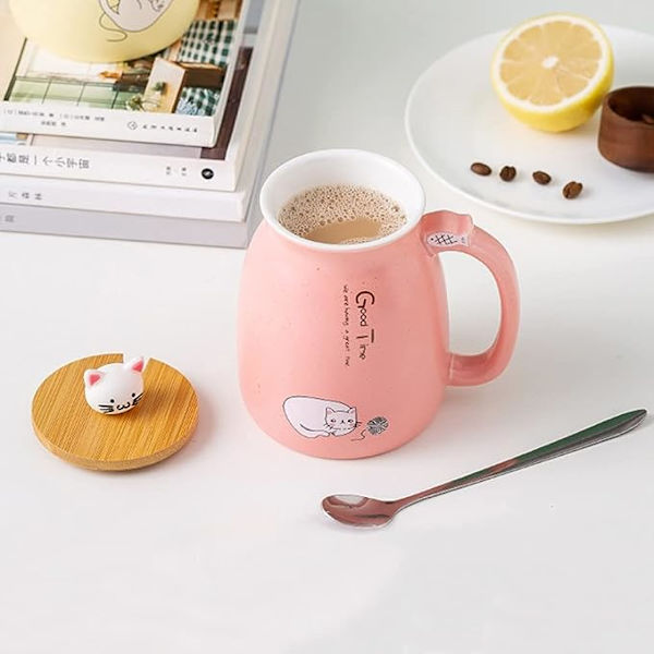 Søde Keramik Katte Kopper med Ske og Trælåg, Tekop Kaffe Vand Mælk Kop til Hjem Kontor Drikkevarer Gave (Pink)