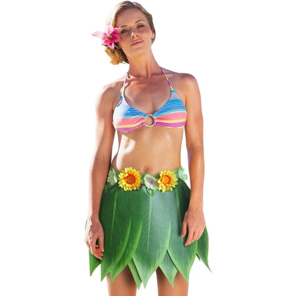 Hula Kjol Hawaiian Party Gröna Löv Blommor Halsband Armband Pannband Elastic Dancer