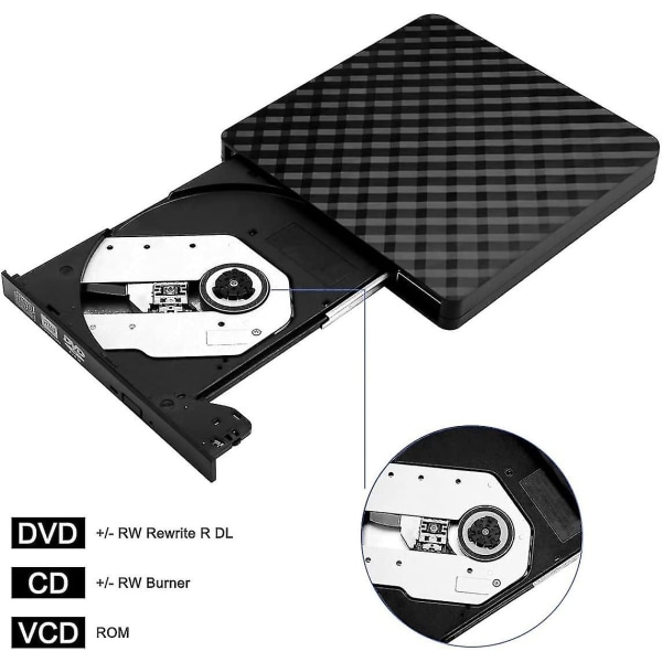 Extern DVD-brännare med USB 3.0, Kvadratmönster, Bärbar Optisk Enhet för Laptop, Extern Recorder