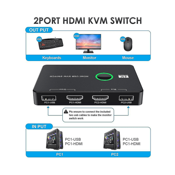 Kvm Switch 2 Port Box USB Och -kompatibel Switch För 2 Datorer Dela  Tangentbord Mus Skrivare Hd Mo 9bf0 | Fyndiq