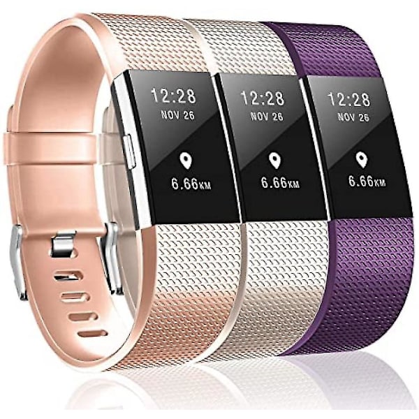 3-pakks band kompatibel med Fitbit Charge 2, klassisk spesialutgave erstatningsband for Fitbit Charge 2, kvinner menn rosagull/champine/lilla-s-m