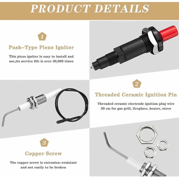 4 stk. Propangass Piezo Trykktennersett med Gjengede Keramiske Elektrode Tenningspluggledning 30cm for Gassgrill, Peis, Varmeapparat, Komfyr