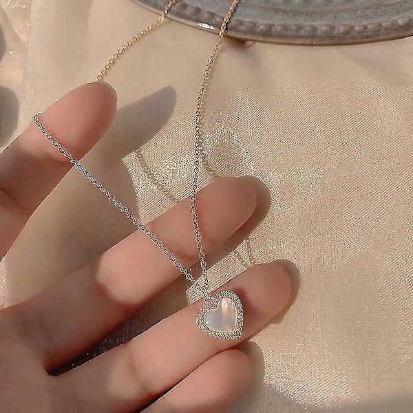 Trendig fint 14k äkta guld hjärtformad opal kedjehänge halsband för kvinnor temperament smycken glänsande AAA zirkon bröllopsgåva