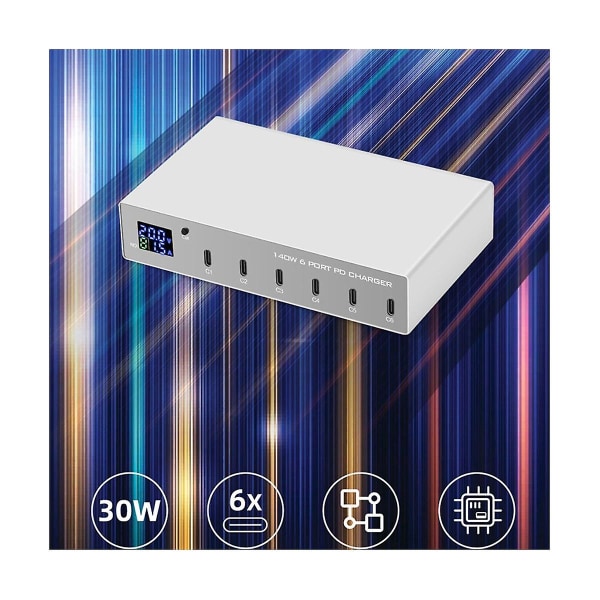 140W 6-i-1 PD-laddare Snabbladdning 3.0 USB-C Snabbladdningsstation Laddning för Laptop Typ C 30W E
