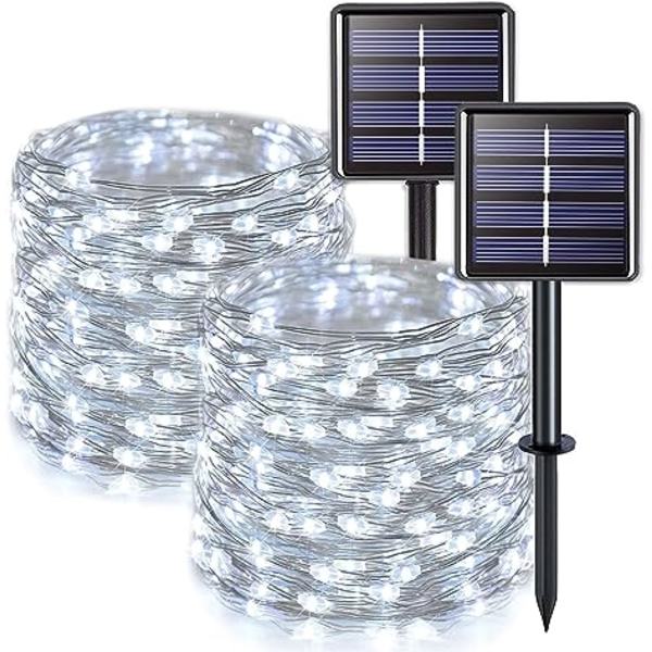 Valkoiset aurinkokäyttöiset valosarjat ulkokäyttöön, vedenpitävät, 2 pakkausta 39,4 jalkaa 100 LED aurinkokäyttöiset jouluvalot ulkokäyttöön, 8 tilaa kuparilankainen aurinkokäyttöiset keijut valot jouluun