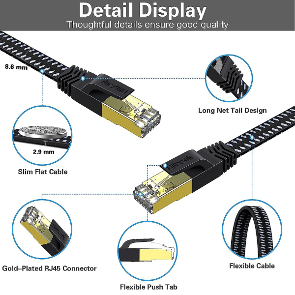 Cat 8 Fladt Ethernet Kabel 10m, Cat8 Nylon Flettet Internetkabel, Højhastighed 40gbps Netværks Patch Lan Kabel, Rj45 Spilkabel Til