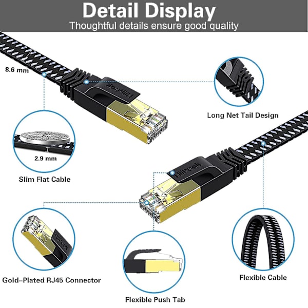 Cat 8 Platt Ethernet-kabel 10m, Cat8 Nylonflätad Internetkabel, Hög hastighet 40gbps Nätverkskabel, Rj45 Spelkabel För