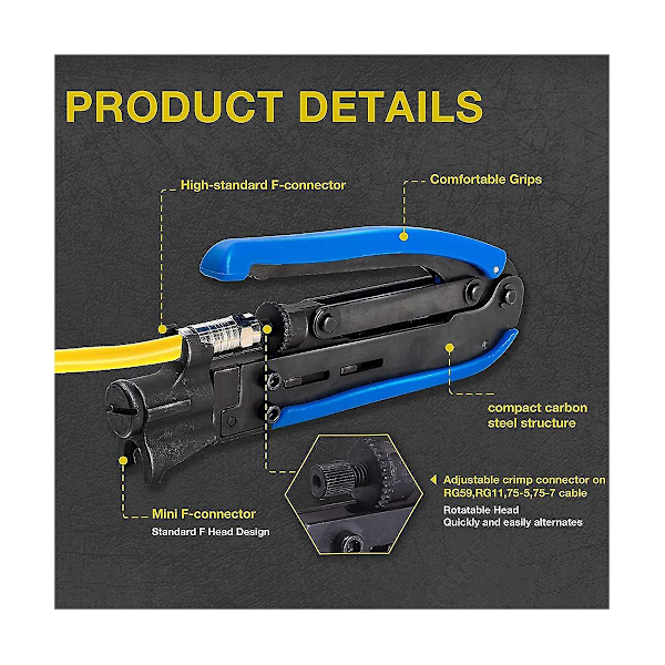 Puristustyökalusarja, puristimen ja RG6-puristimen kanssa, 20 kpl F-puristusliittimiä