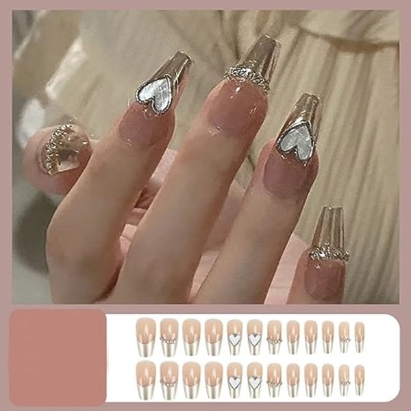 Press on Nails Long Fake Nails Acrylic Ballet French 3D Heart Chain on Nails Design Nails for Women and Girls(3D Heart Chain)