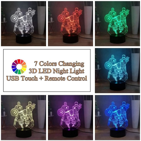 Avengers 3D LED Spiderman Toys Nattljus - Intelligent Fjärrkontroll 16 Färgförändring Avengers Lampa för Barn Sovrumsdekoration,