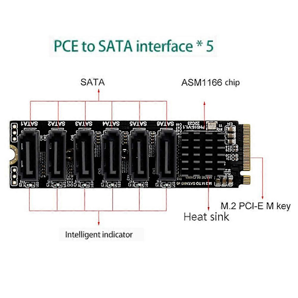 SATA-sovitinkortin lisävarusteet 5 porttia SATA3.0 laajennuskortti SATA III 6GB/S M.2 NVME PCIe tietokoneelle