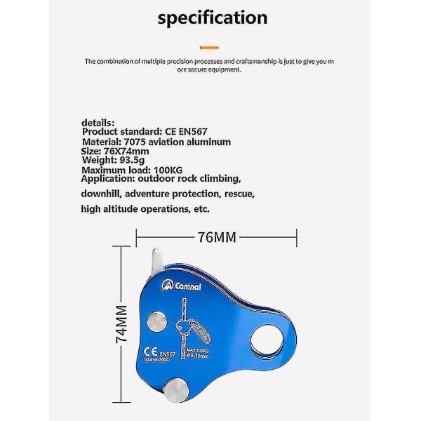 Camnal Säkerhetsklättringsskyddande Ascender 220lb Repgrepp, blå
