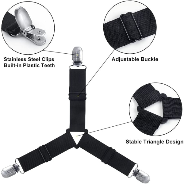 Trekantede Senglaken Klipser 4 stk. Sett Justerbare Senglaken Festemidler med Elastiske Senglaken Stropper Tilpassede Klipser for Senglaken Sofa Pute - Svart