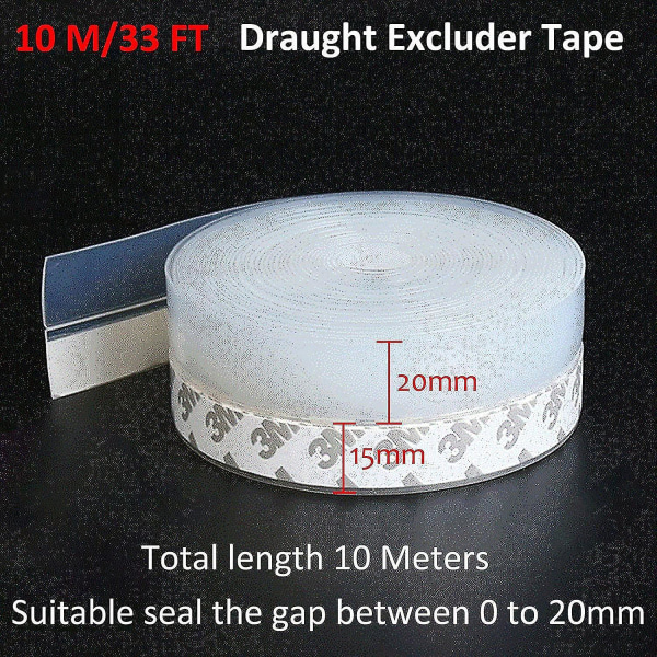 Draught Excluder Tape 10m/33ft, Självhäftande dörrtätningslist, Silikon