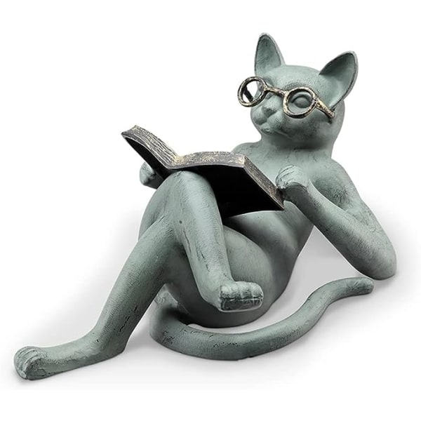 Kattstatuer Hageinnredning - Litterære katteharpikspynt Hagestatuedekorasjon Lesing Katthåndverk Katt med briller Skulptur for uteplass Hage Plen H