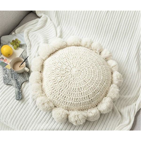 Rund Boho Kudde med Pompoms, Makrame Kudde Golvkudde Vävd Kudd