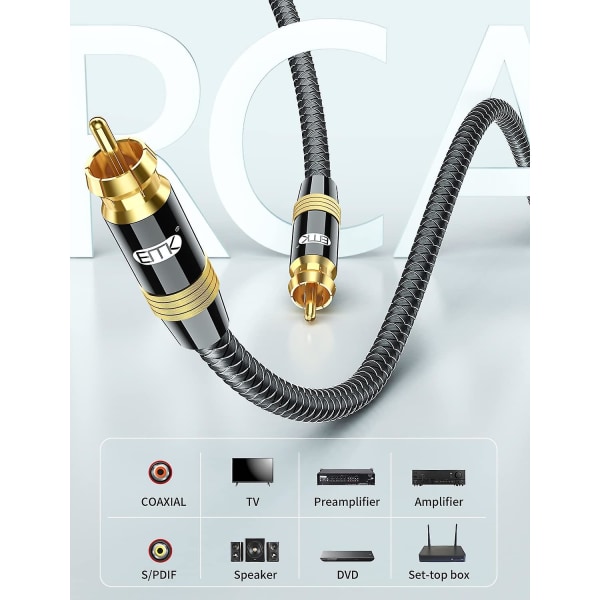 Subwoofer-kabel RCA til RCA lydkabel 24k guldbelagt digital koaksial RCA-ledning til hjemmebiograf, HDTV, DVD-afspiller, højttaler, subwo