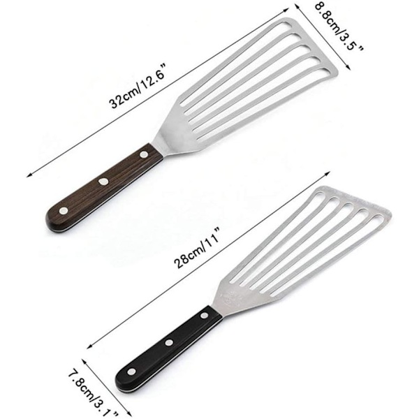 Fiskvändarset, 2 delar (11 tum & 12,5 tum), Professionell fiskspade, Trähandtag, Rostfritt stål fiskskiva, Non Stick F