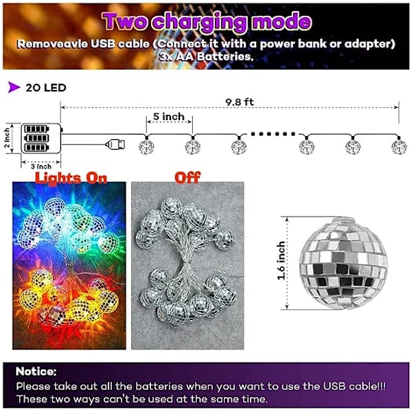 20 LED Discokula Spegel LED Party Strängljus Jul Lyktor för Semester Vägg Fönster Träd Dekorationer Inomhus Utomhus Patio Party Yard Garden Kid