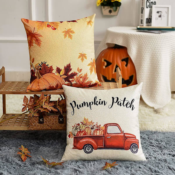 Sett med 4 dekorative høstputer - Høstgresskar Farmhouse Linen 18 X 18\" Putetrekk for sofa, dagbed, hjem, utendørs, bil (18\" X 18\" Takke