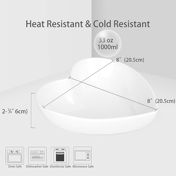 Store hjerteformede skåler 2 stk Porselen Hvit Hjerteformet fat for desserter/salat/frukt/pasta eller romantisk middag, 23 cm