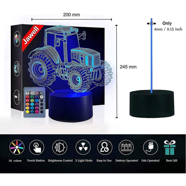Julegave Traktor 3d Illusion Ved Sengelampe, Attoe 16 Farver C