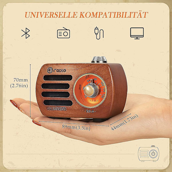 Trådlös mini-radio i trä med Bluetooth-högtalare, bärbar FM-radio, laddningsbar radio, bashögtalare med utmärkt bas