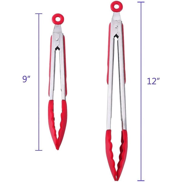 Sæt med 2 Køkken Tænger - 9-Tommer & 12-Tommer, Premium Rustfrit Stål med BPA-Fri Silikon, Non-Stick Grillning Barbeque Madlavning Mad Tænger, Rød