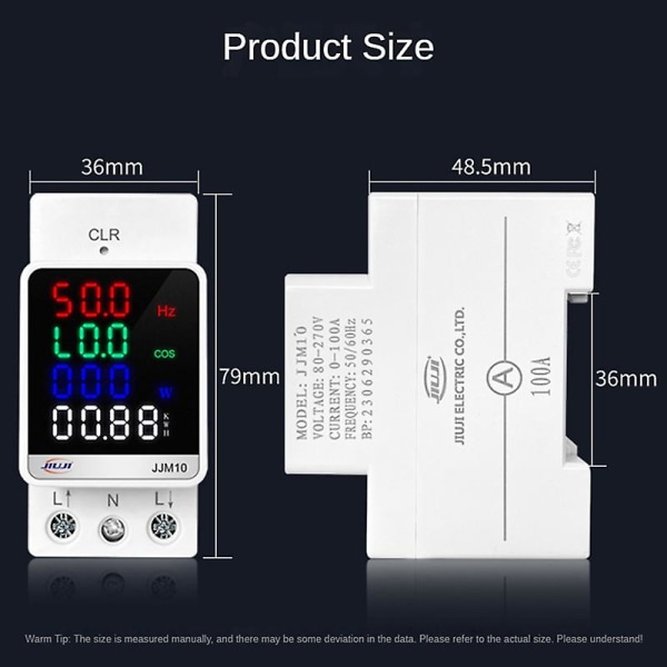 JJM10 100A AC80-270V LCD Digital Strømmåler Enfase Energi Måler Nøkkel Tilbakestillingsfunksjon Multifunksjonell DIN Skinne