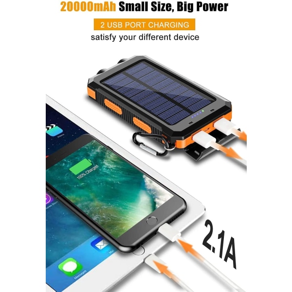 Solar Charger 20000mah Solar Power Bank Vandtæt bærbar oplader med dobbelt 5v usb port/led