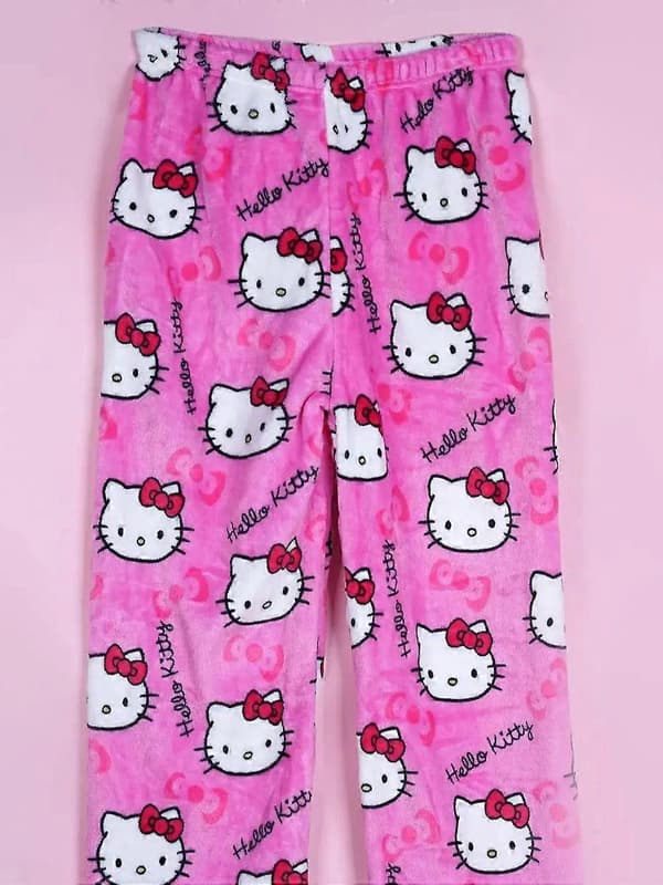 Hello Kitty Kat Flannel Bløde og Varme Lange Pyjamasbukser til Efterår og Vinter - Unisex Black Star Hello Kitty L