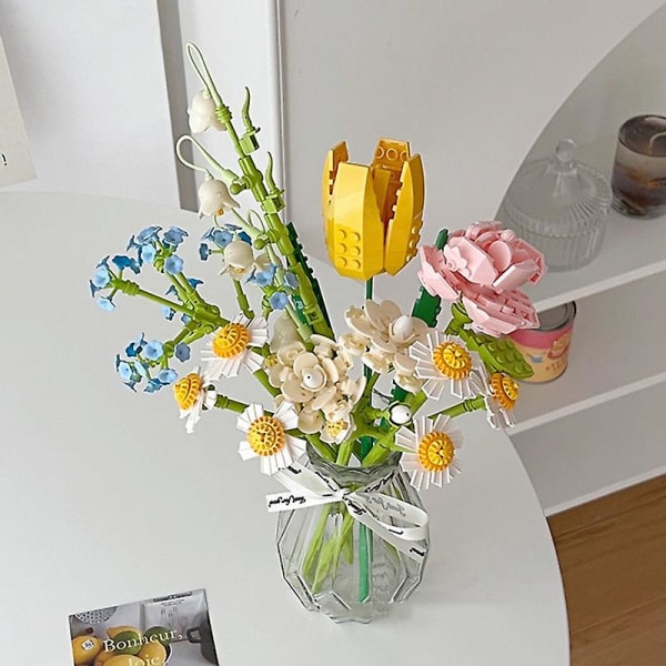 Simulation building blocks flower tulip rose sunflower potted bouquet mini flower block diy children's assembled toy girl gift