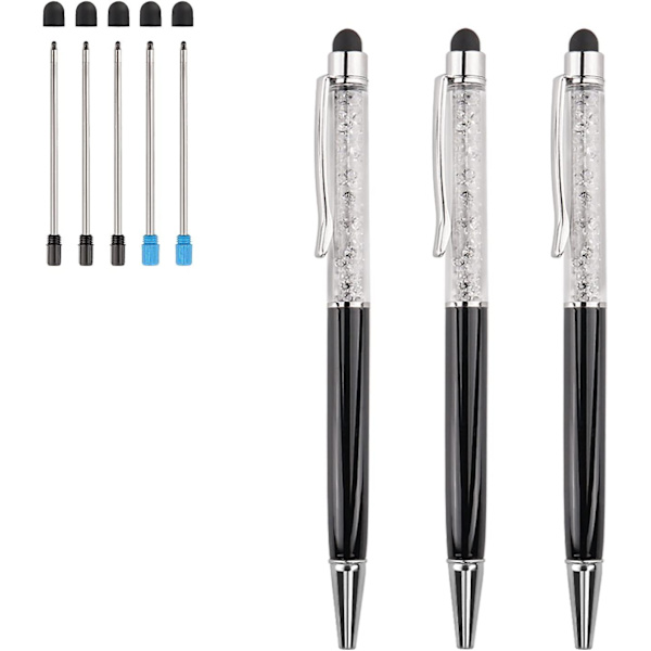 2-i-1 Bling Crystal Diamond Penna 3 Stylusar med Kapacitiv Pekskärm och Ersättningsfyllningar Svart Blå Bläck Gummispetsar för I