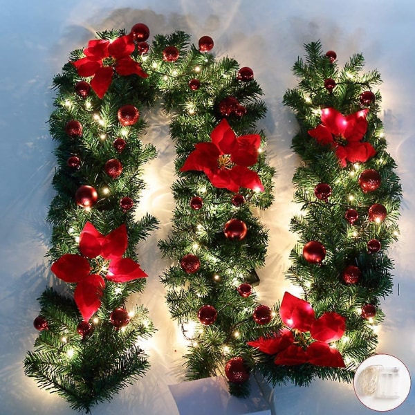 Granguirlande dekoration, julekrans med kugler Blomsterkransbold med led lys til hoveddør 270cm (rød)