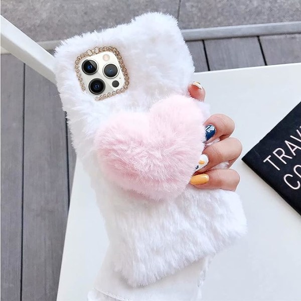 Yhteensopiva iPhone 13 Pro Max Fuzzy Fluffy Case kanssa Naisten Tytöille 3D Söpö Furry Pehmo Heart Bling Diamond Bow Lämmin Sileä Turkis Hiukset Design Pehmeä Kumi
